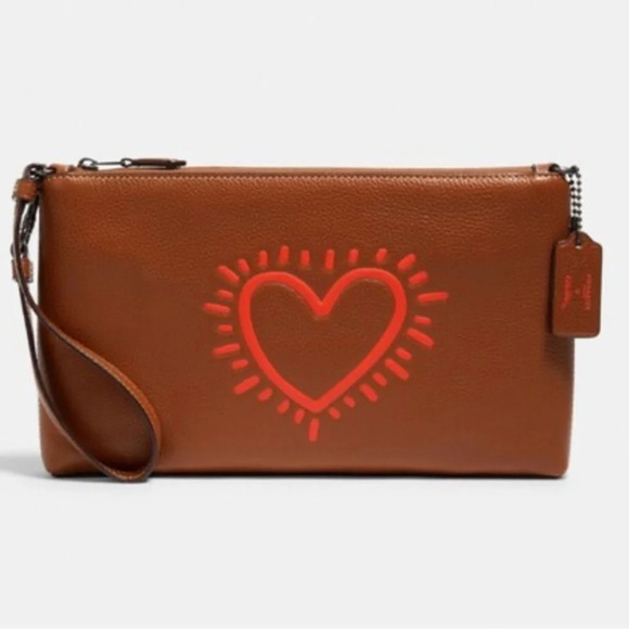 COACH x Keith Haring Leather Large Wristlet 25, Gunmetal/Saddle, NWOT - Picture 3 of 15